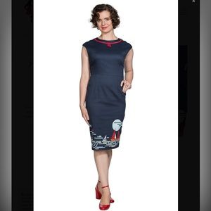 NWT 2XL Banned Retro Summer Sail Navy boat pin up pencil dress